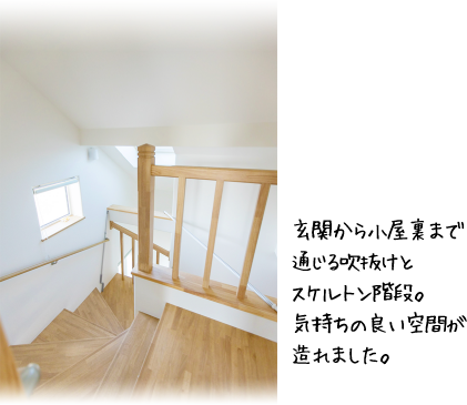 玄関から小屋裏まで通じる吹抜けとスケルトン階段。気持ちの良い空間が造れました。